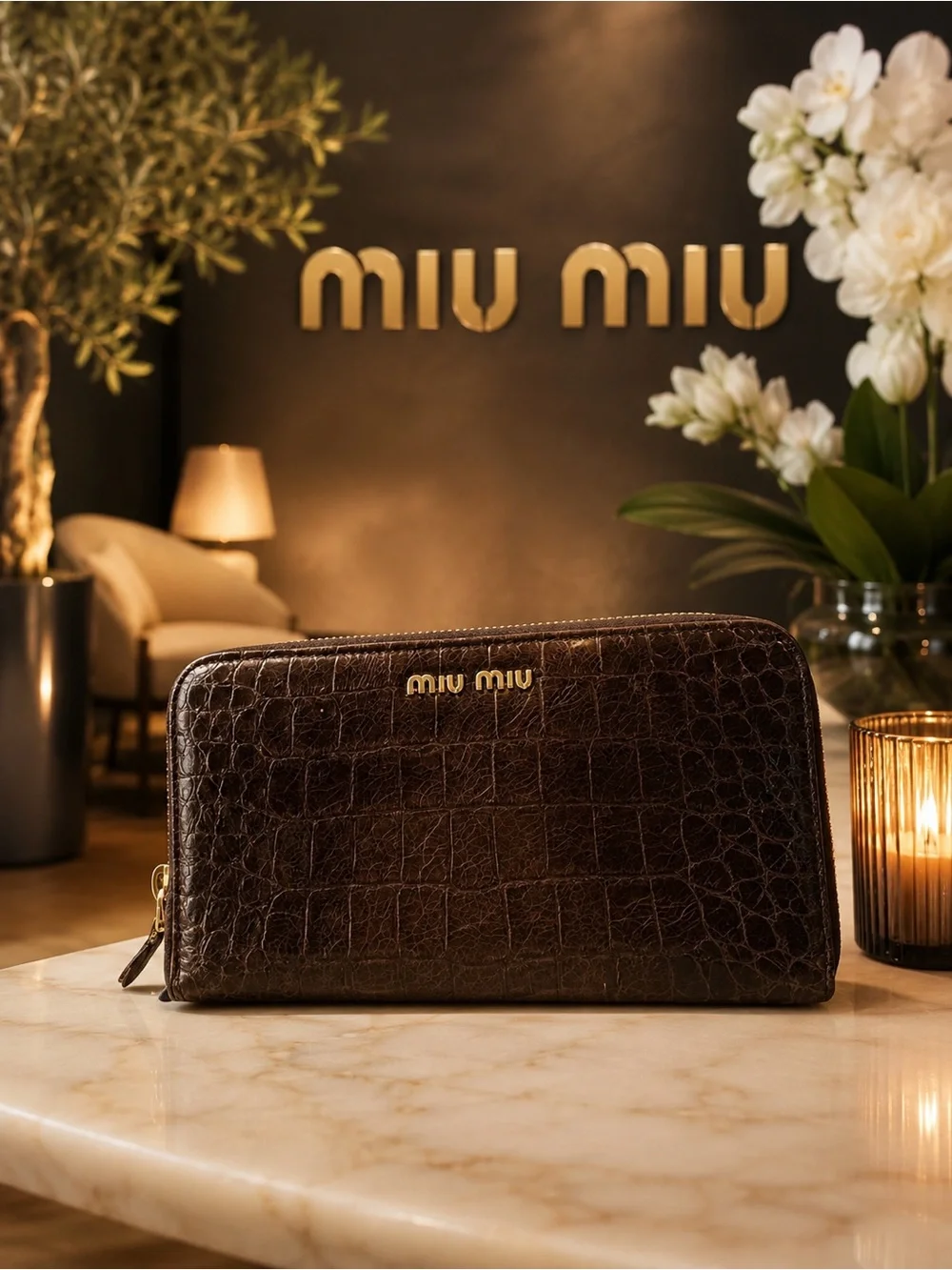 Authentic Miu Miu Brown Croc-Embossed Leather Zip Wallet with COA in EUC